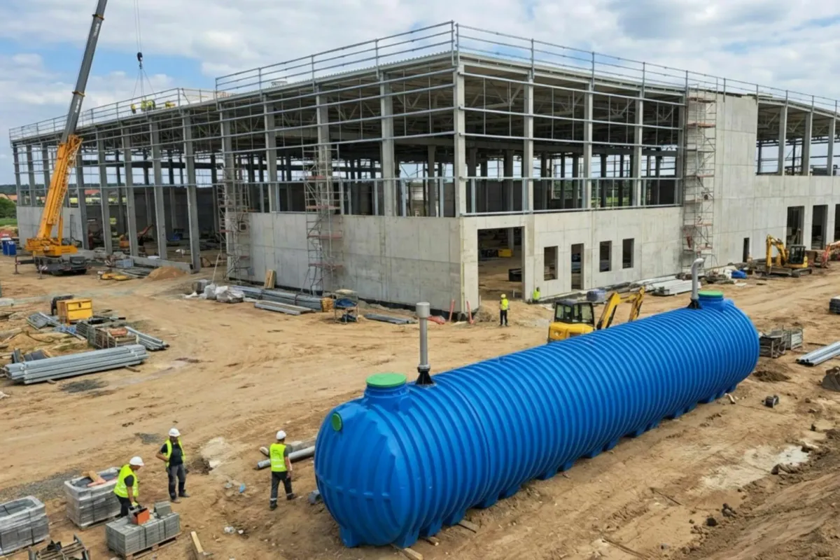 Löschwassertank als PE-Tank auf einer Baustelle
