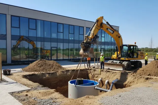 Kran setzt einen Ölabscheider für Abwasser in die Baugrube