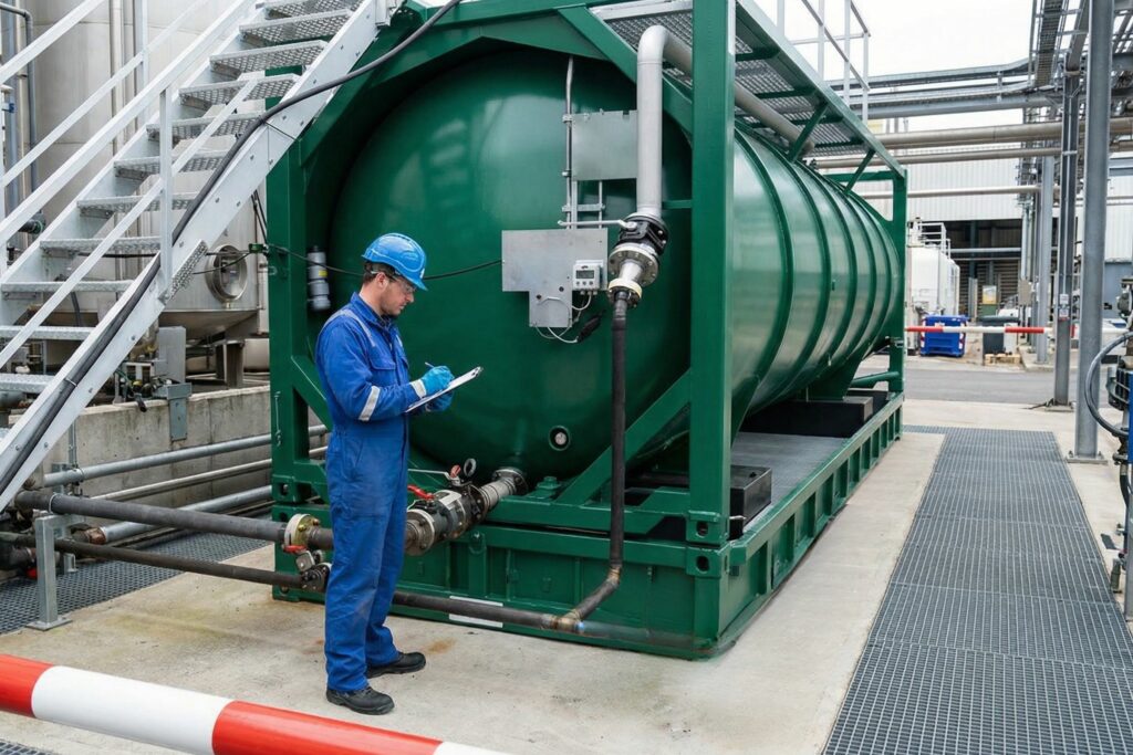 Chemikalientank zur Gefahrsctofflagerung auf einem Firmengelände