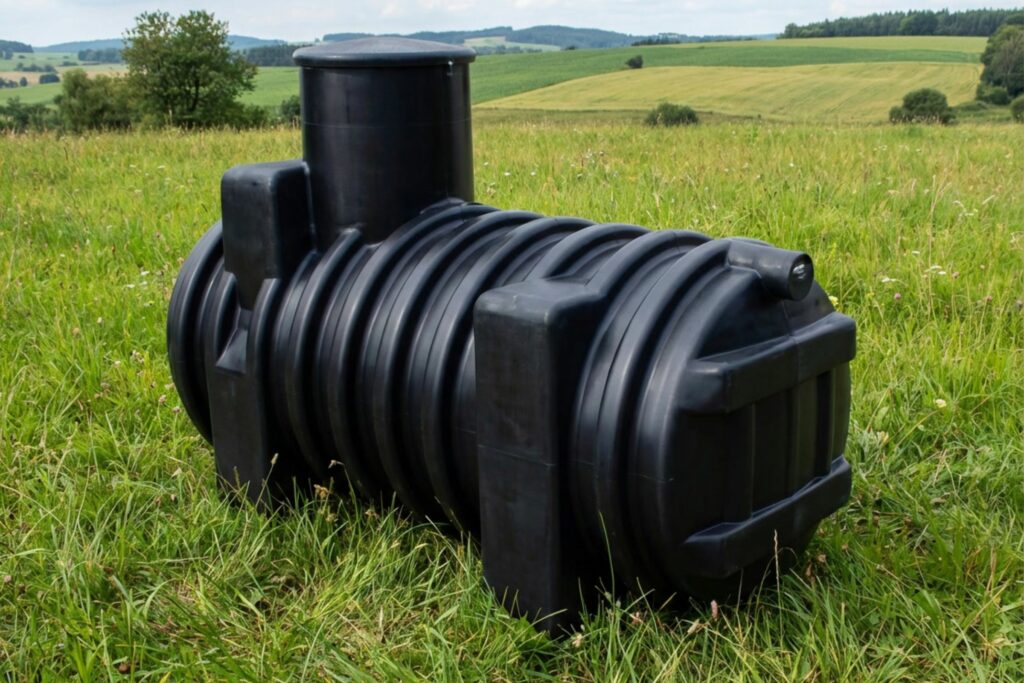 Abwassertank / Fkäalientank auf einer Wiese