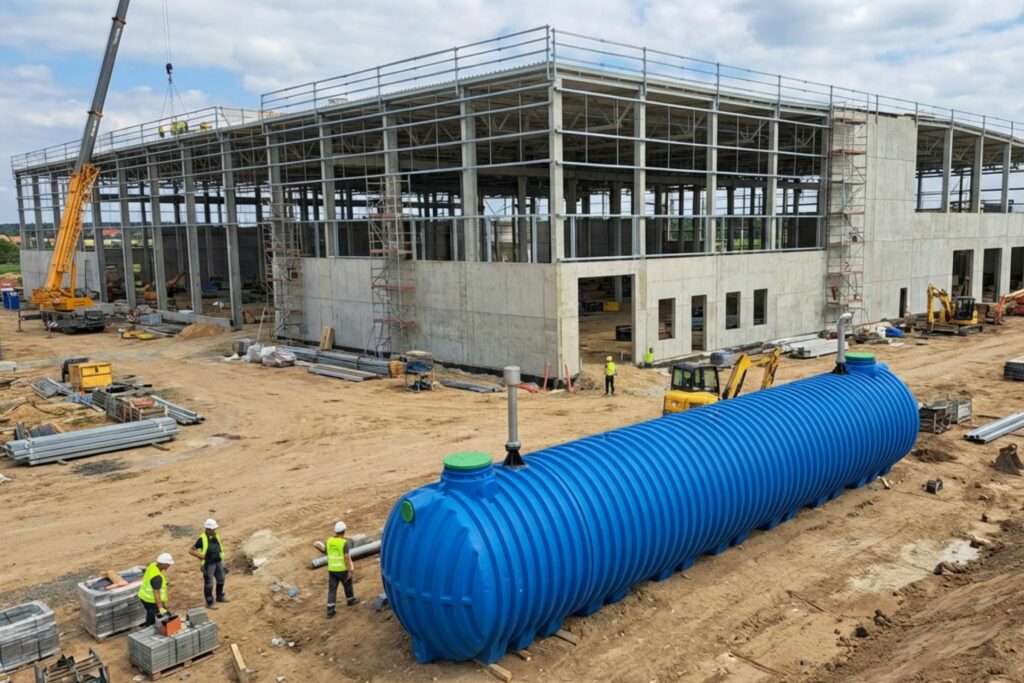 Löschwasserbehälter auf einer Baustelle