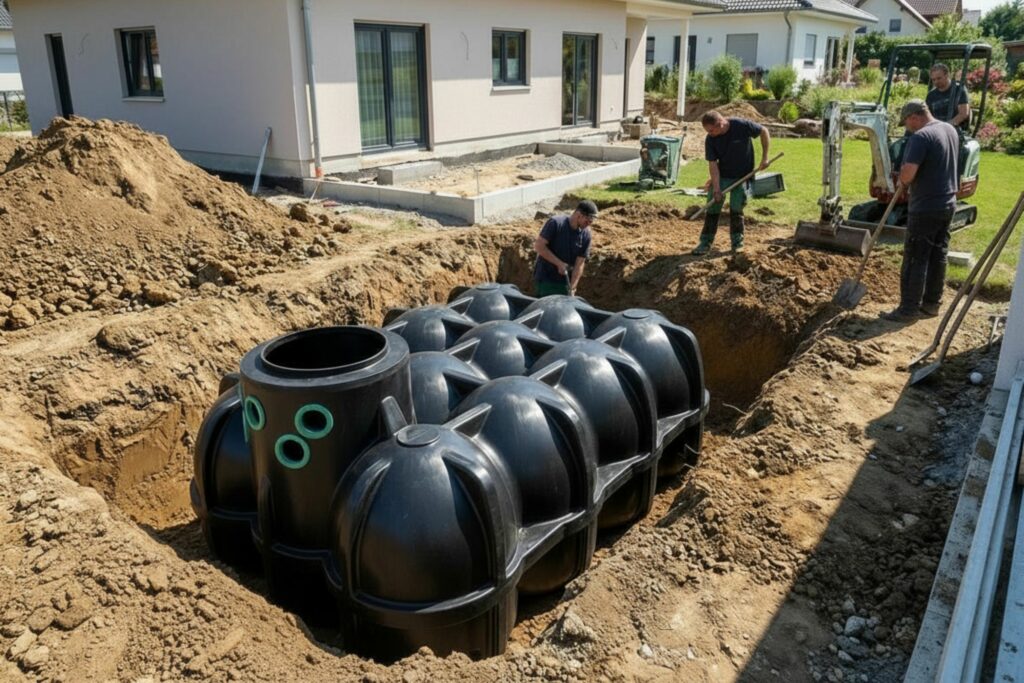 Wassertank als Regenwassertank in einer Grube