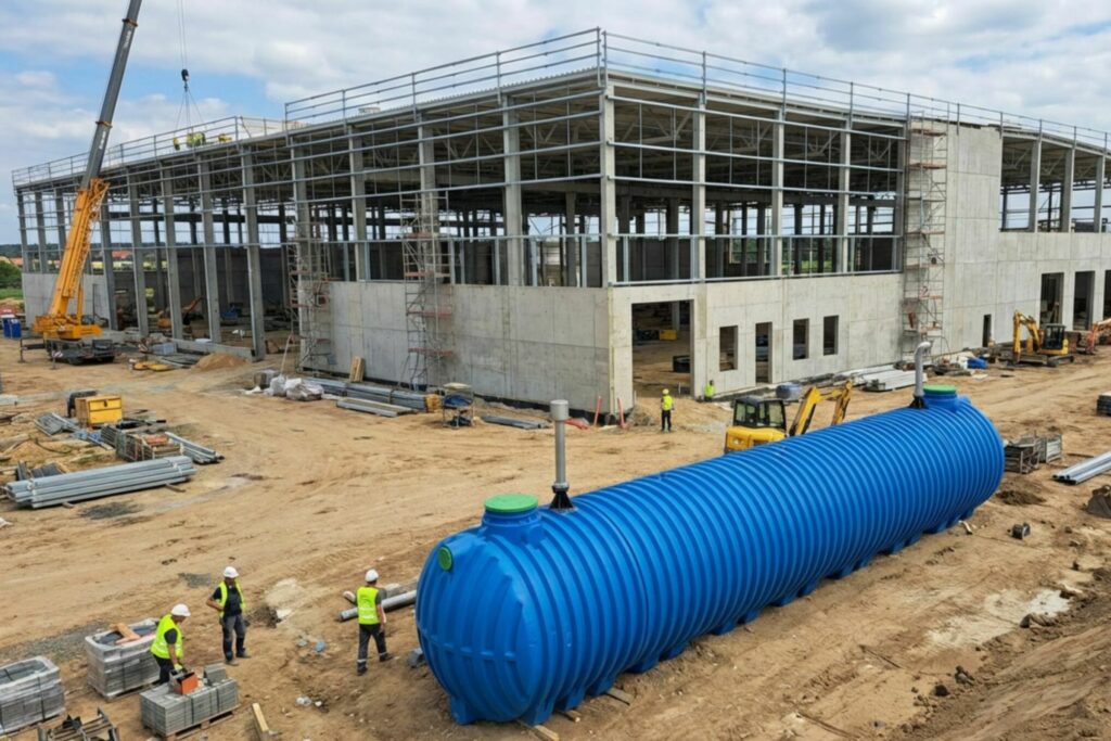 PE-Tank als Löschwassertank auf einer Baustelle