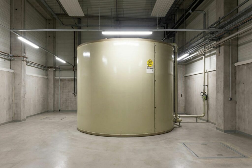 Flachbodentank als platzsparende Tanklösung in einer Fabrikhalle
