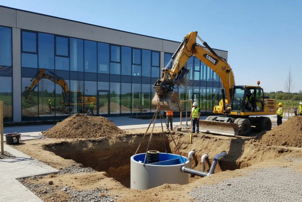 Kran setzt Abwasser Ölabscheider in Baugrube