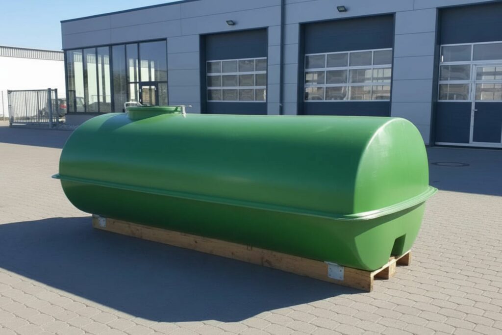 GFK-Tank vor einem Firmengebäude